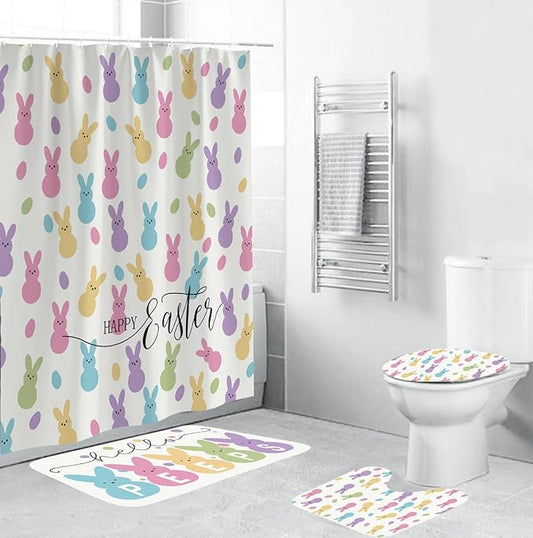 4 Pcs Easter Bunny Shower Curtain Sets with Non-Slip Rugs, Toilet Lid Cover and Non-Slip U Shape Bath Mat, Easter Bathroom Decor with 12 Hooks 71 x 71 Inches (Style A)