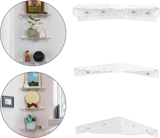 3PCs Acrylic Wall Shelves Corner Shelf Strong Adhesive Backing Decorative Display Shelving for Bathroom Bedroom Office Heavy Duty Adhesive Shelves
