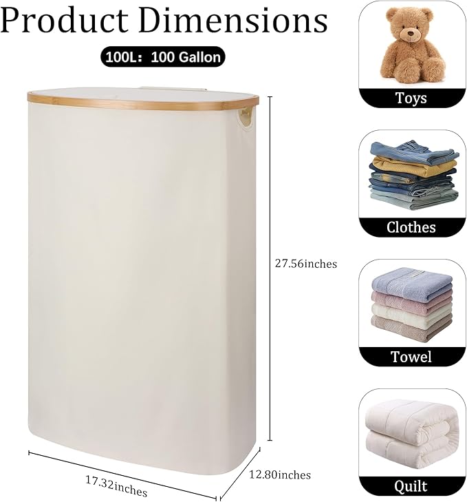Laundry Hamper with Lid, 100L Clothes Hampers for Laundry with Bamboo Handles and A Removable Bag, Fordable laundry Basket with Lid for Bathroom, Bedroom, Dorm, Laundry Room