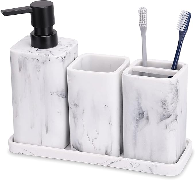 ZCCZ Bathroom Accessory Sets, 4 Pieces Bathroom Accessories Complete Set Vanity Countertop Accessory Set with Marble Look, Includes Lotion Dispenser, Toothbrush Holder and Tray (White Marble Look)