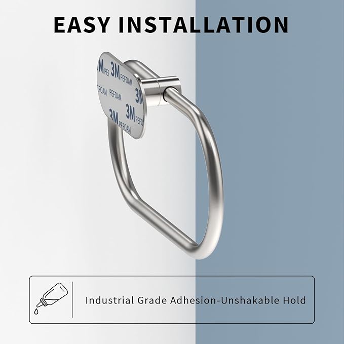 Adhesive Towel Holder for Bathroom Brushed Nickel No Drill Hand Towel Ring Stainless Steel and Zinc Alloy Self Adhesive Towel Hanger for Bath, Kitchen