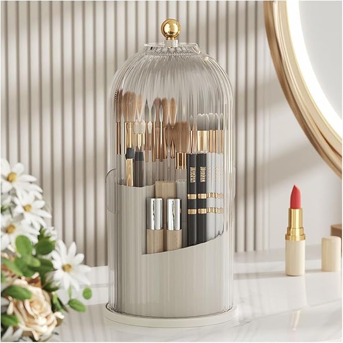 Makeup Brush Holder Organizer with Lid, 360?? Rotating Clear Dustproof Cosmetics Storage, Makeup Brushes Cup Pen Holder for Vanity Desktop Bathroom Countertop (Clear White Cap)