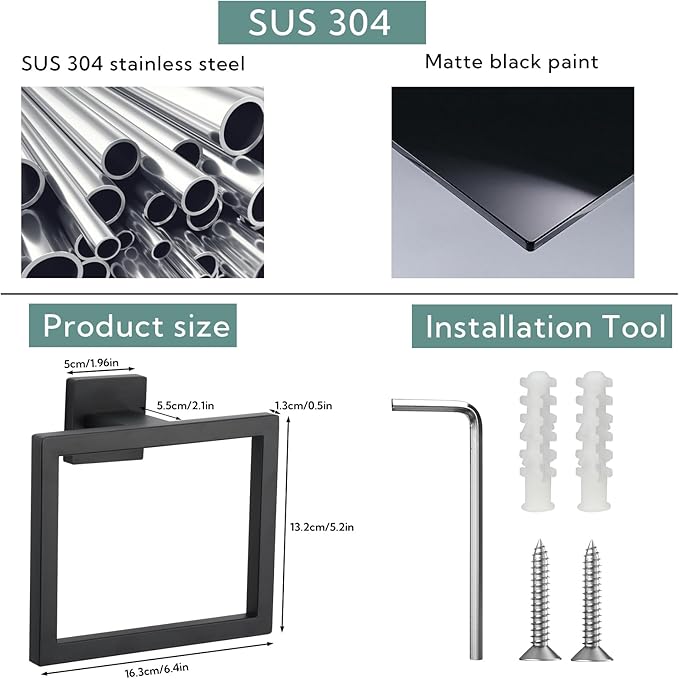 2 Pack Square Towel Ring,Hand Towel Holder for Bathroom,SUS304 Stainless Steel Towel Ring Wall Mounted,Suitable for Bathroom, Toilet, Bedroom,Towel Rings for Bathroom Wall(Black)