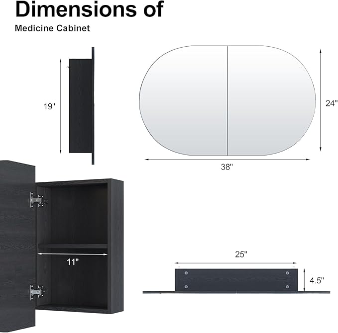 Oval Medicine Cabinet with Mirror for Bathroom,Bathroom Medicine Cabinet,Oval Mirror Cabinet Wall Mounted with 3 Storage,2 Doors,Black