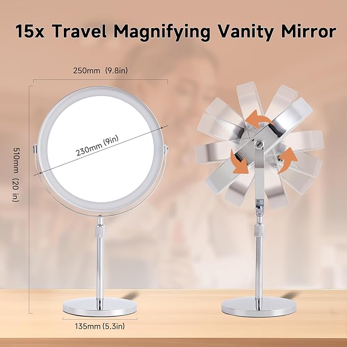 1X/15X Magnifying Makeup Mirror with Lights - 9" Large Dual-Sided Vanity Mirror with 3 Color Lights for Women's Travel Cosmetic Mirror | 3000 mAh-USB Rechargeable | 360° Rotation | Adjustable Height