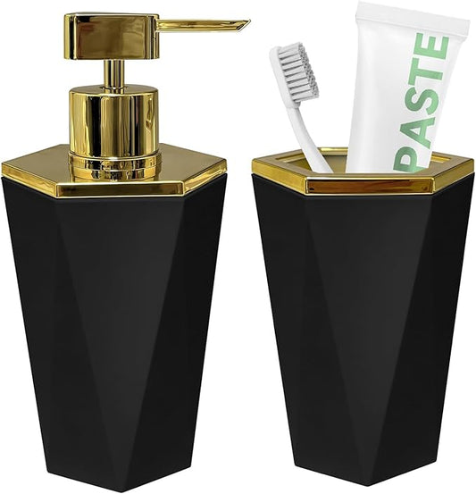 2 PCS Black and Gold Bathroom Accessories Set, Bathroom Accessories Include Soap Dispenser and Toothbrush Holder, Morden Bathroom Décor, Bathroom Sets Accessories