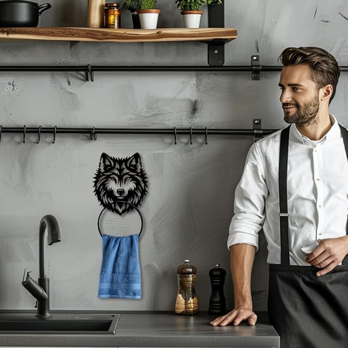 MAYJOYDIY Wolf Metal Towel Ring Animal Theme Bath Towel Ring Wolf Wildlife Towel Holder Wall Mounted Black Art Towel Rack for Bathroom Kitchen Towel Hanger Home Decors Gift