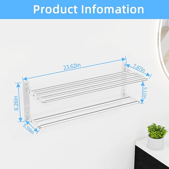 Towel Racks for Bathroom 24 Inch, 2 Tier Towel Shelf with Double Towel Bar, Stainless Steel Bath Towel Rack Wall Mounted, Towel Holder Towel Storage Rack for Bathroom, Brushed Nickel
