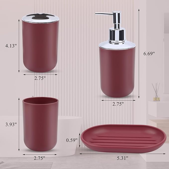 Red Bathroom Accessories Set, 4-Piece Plastic Bathroom Set with Soap Dispenser, Toothbrush Holder, Rinse Cup & Soap Dish, Bold Red Bathroom Decor for Home