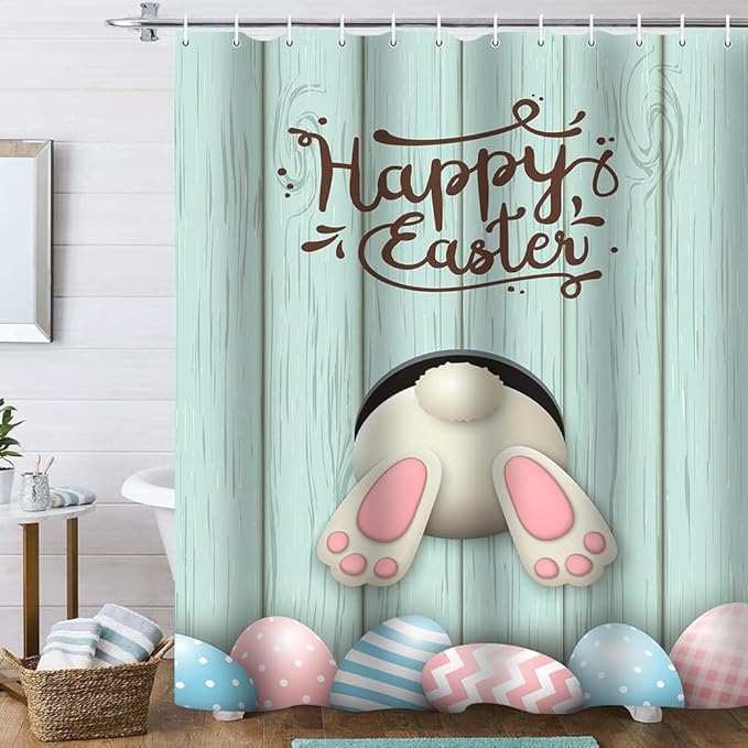 4Pcs Blue Easter Shower Curtain Sets with Rugs, Easter Peeps Shower Curtains for Bathroom Decor Set, Waterproof Easter Bunny Bathroom Curtains Shower Set,12 pcs Hooks, 71 x 71in