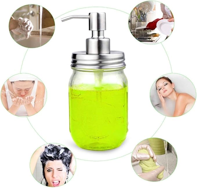 4 Pack Mason Jar Soap Dispenser Lids with Pumps, Rustproof Stainless Steel, Lotion Soap Dispenser Lids Replacement for 16 oz Regular Mouth Mason Jar Decor, 4 Brushes Included Silver