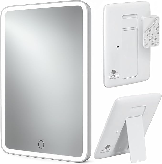 Mavoro 7x9 LED Lighted Rechargeable Travel Mirror | Small Wall Adhesive Mirror | Peel and Stick Wall Mount Lighted Travel Mirror | Real Glass Touch Sensor Vanity Mirror with Stand