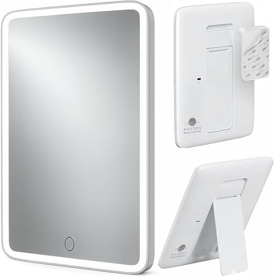 Mavoro 7x9 LED Lighted Rechargeable Travel Mirror | Small Wall Adhesive Mirror | Peel and Stick Wall Mount Lighted Travel Mirror | Real Glass Touch Sensor Vanity Mirror with Stand