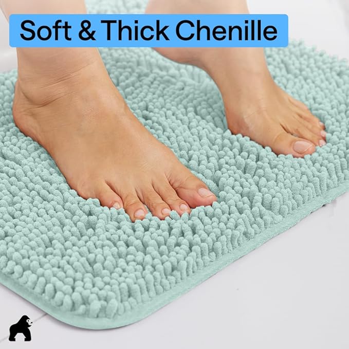 GORILLA GRIP Plush Absorbent Shaggy Chenille Bath Rug Mat for Oval Toilet Base with Rubber Backing, Machine Washable Rugs, Soft Microfiber Contour Mats for Toilets, Bathroom Decor, Seablue