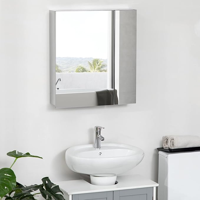 kleankin Wall-Mounted Medicine Cabinet with Mirror, Bathroom Mirror Cabinet Wall Mounted with Hinged Door, Storage Shelves for Living Room and Laundry Room, 21" x 24", Silver