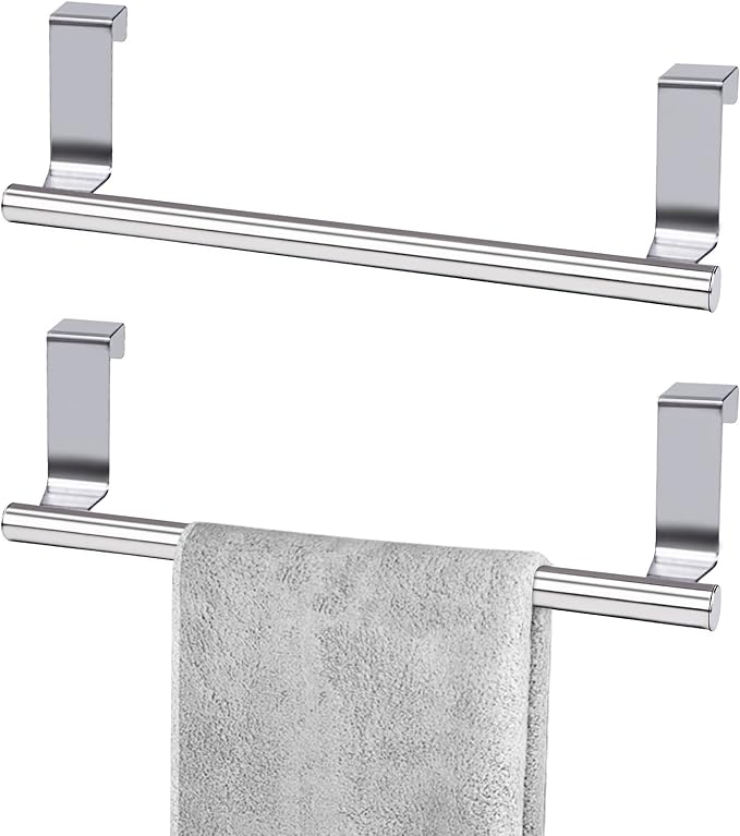 Cabinet Door Towel Bar, Dish Towel Rack for Cabinet, Stainless Steel kitchen Towel Holder, Over the Door Hand Towel Hanger for Kitchen Bathroom Cupboard, 2 Pack (2*Small-Silver)