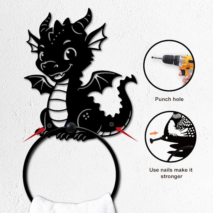MAYJOYDIY Cartoon Dragon Metal Towel Ring Round Dragon Hand Towel Holder Ring Hanger Wall Mount Black Vintage Towels Wall Organizer for Kitchen Bath Home Laundry Room Decors Gifts