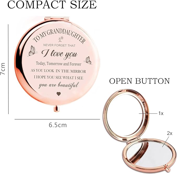 Granddaughter Compact Mirror - Rose Gold, Birthday Gift from Grandma & Grandpa