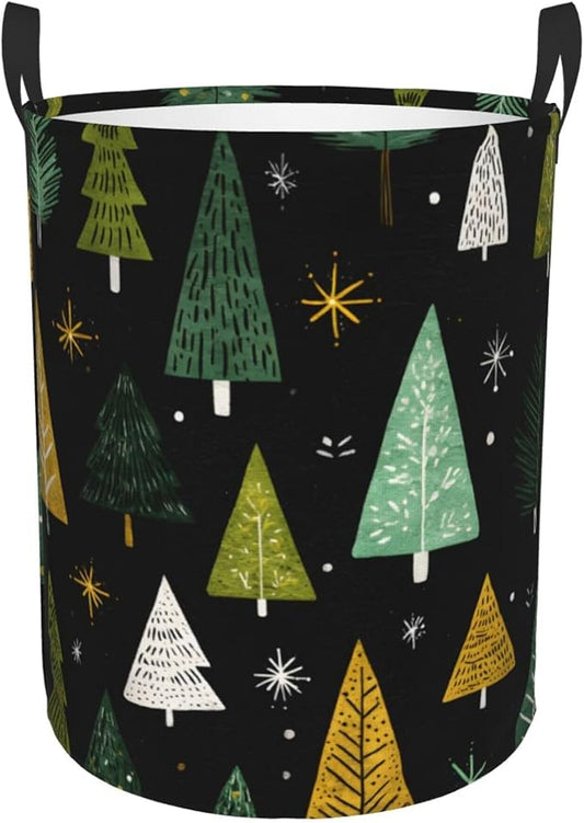 Christmas Tree Pattern Laundry Hamper, Collapsible Storage Basket with Handles for Clothes, Bedroom, Bathroom 19.6 x15.7 Inch