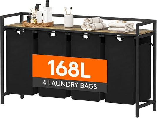 Lifewit Laundry Hamper 4 Section, 168L Pull out Laundry Clothes Basket Organizer with Large Top Shelf and 4 Removable Bags and Handles for Laundry Room Bedroom Bathroom, Black with A Shelf