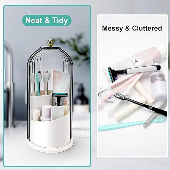 Multi-function Rotating Bird Cage Toiletries Storage Rack ?€? Storage Box, Makeup Holder | Covered Transparent Brush Organizer, 360 Rotating Design for Vanity Tables, Desktops, Bathroom Countertops