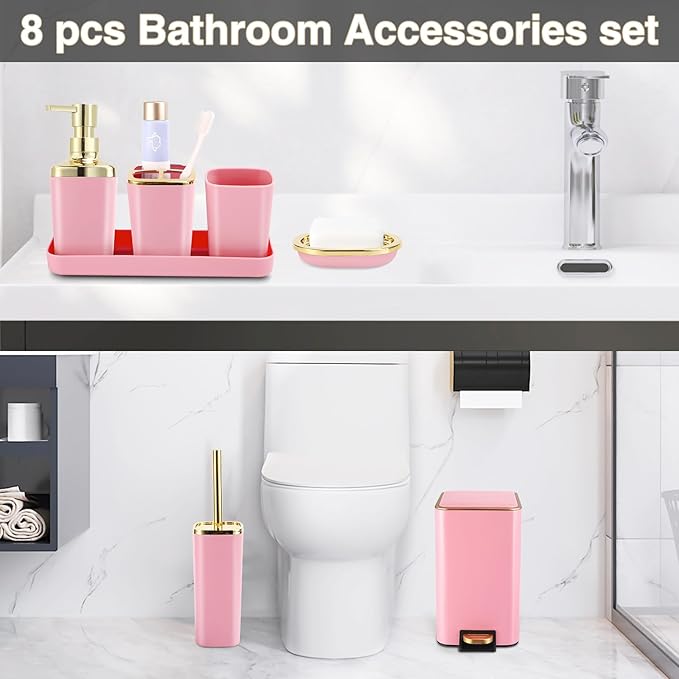 XLHOMO Pink Bathroom Accessories Set 8 Piece Pink and Gold Bathroom Set, Bathroom Sets with Stainless Steel Trash Can,Toilet Brush,Toothbrush Set,Soap Dispenser