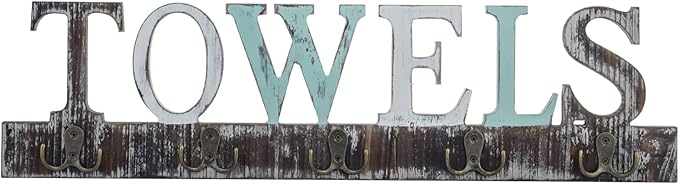 MyGift Towel Rack for Bathroom, Wall Mounted Bath Towel Holder with 5 Dual Hooks, Kitchen Laundry Hand Towel Hanger, Rustic Multicolored Solid Wood with Decorative Towel Cutout Design