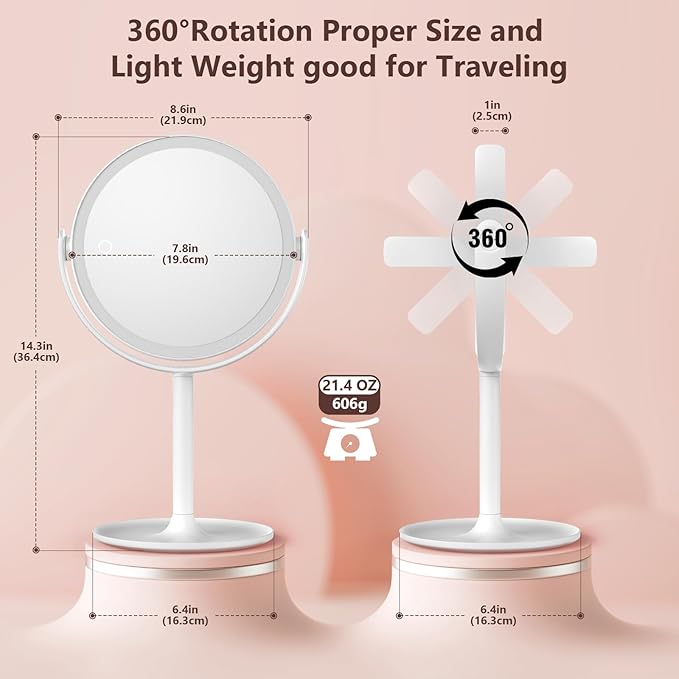 1X/10X Magnifying mirror with light，Magnifying Mirror with 3 Colors Lights,makeup mirror with lights,mirror for desk，Rechargeable double sided lighted makeup mirror,Brightness Adjustable 8.6"Large