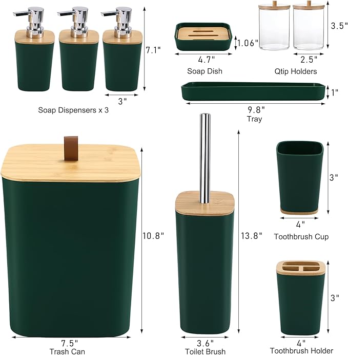 XLHOMO Dark Green Bathroom Accessories, Green Bathroom Accessories Set with Trash Can, Soap Dispenser, Toothbrush Holder, Toothbrush Cup, Soap Dish, Toilet Brush, Tray and Q-tip Holders
