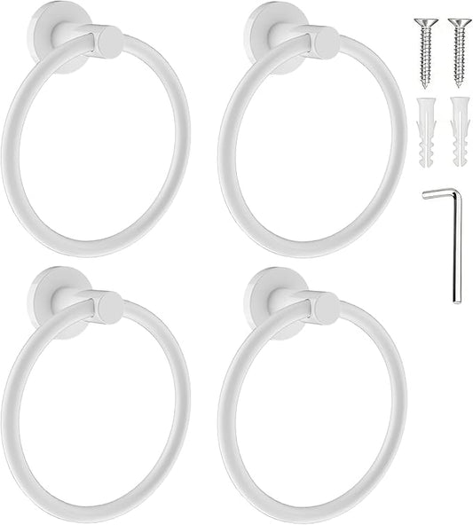 SetSail Towel Holder for Bathroom Wall White Towel Ring Screw-in Hand Towel Holder Stainless Steel Towel Hanger for Bathrooms, 4 Packs