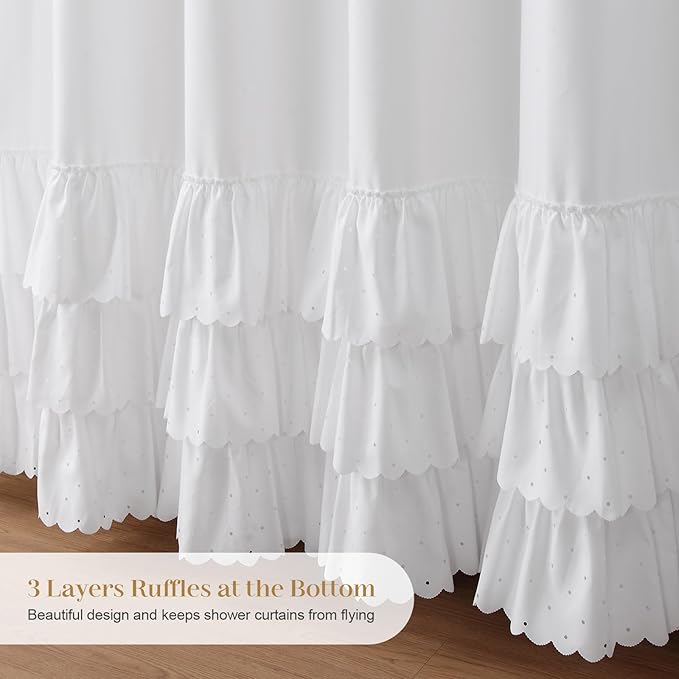 Adjustable Bow-Tie Top White Ruffle Shower Curtain for Girls Women, Delicate Fabric Shower Curtain with Handcrafted Ruffles and Small Holes, Waterproof Ruched Farmhouse Bathroom Curtain, 72"W x 72"H