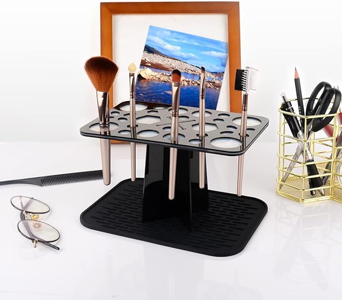 28 Hole Makeup Brush Drying Rack with Silicone Mat - Acrylic Folding Stand Tree - Cosmetic Air Dryer Organizer for Vanity (Black)