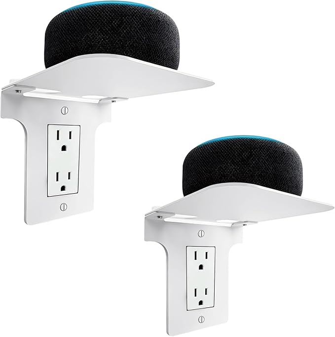 Metal Outlet Shelf with Built-in Cable Management, No-Drill Wall Organizer for Bathroom Outlets, Secure Holder for Echo Dot & Electric Toothbrush, Fits Vertical Decora, 2-Pack