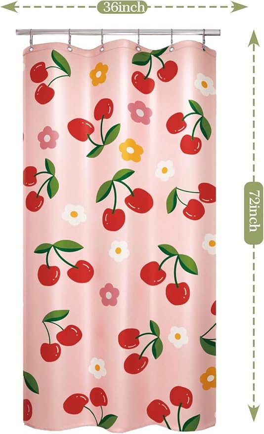 Anybar Fabric Shower Curtain Cute Floral Cherry Curtains Waterproof Soft Polyester Bathroom Curtain- Decor Washable Privacy Cloth Small Stall Shower Curtain for Bathroom Hotel (36x72inch) Pink
