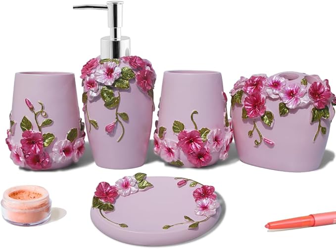 LUANT Vintage Pink Bathroom Accessories, 5Piece Bathroom Accessories Set, Bathroom Set Features, Soap Dispenser, Toothbrush Holder, Tumbler & Soap Dish - Bath Gift Set (Light Pink)