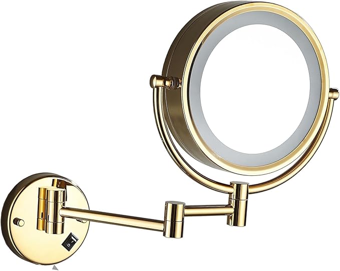 Hardwire LED Lighted Wall Mount Gold Makeup Mirror with 10x Magnification for Bathroom and Bedroom,13" Extendable Arm (Gold)