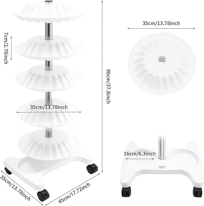 DYRABREST 5-Tier Nail Polish Trolley Organizer, 360° Rotating Nail Polish Display Stand with Wheels, Adjustable Shelves, White Modern Rolling Cart for Nail Salons and Home Use (white)