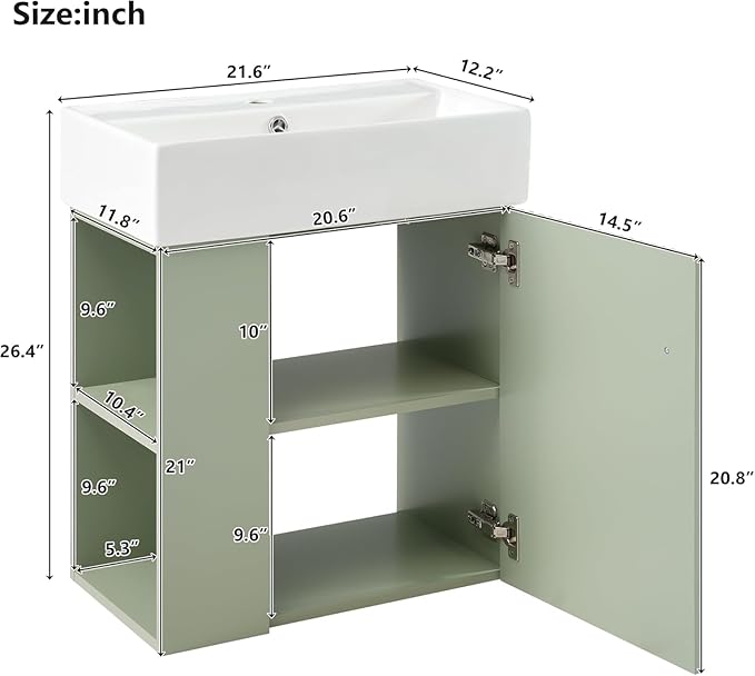 Virubi 21.6 in Floating Bathroom Vanity with Sink,Soft Closing Doors,Solid Wood Frame & MDF Modern Single Small Green Bathroom Vanity Cabinet with Open Shelf,Wall Mounted