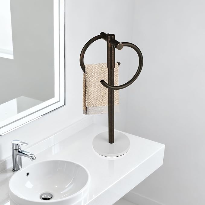 19 inch Oil Rubbed Bronze Double Towel Holder Stand,Hand Towel Bar Bathroom Vanity Countertop Towel Hanger Free Standing,Towel Ring Hardware Accessories Towel Rack