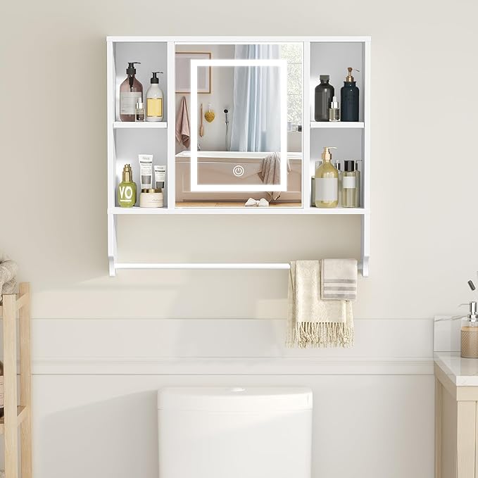 MAHANCRIS Bathroom Wall Cabinet with Mirror, Wall Mounted Medicine Cabinet with Color Adjustment LED Lights, Mirrored Over The Toilet Storage Cabinet with Adjustable Shelves, 23.6''W x 21.6''H, White