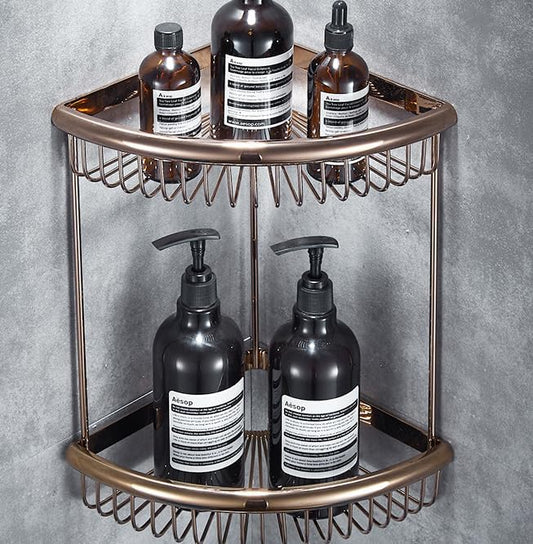 Bathroom Shelves, Wall-Mounted Corner Shelves, Double-Walled Triangular Storage Shelves, Rose Gold-Double-Walled Shelves