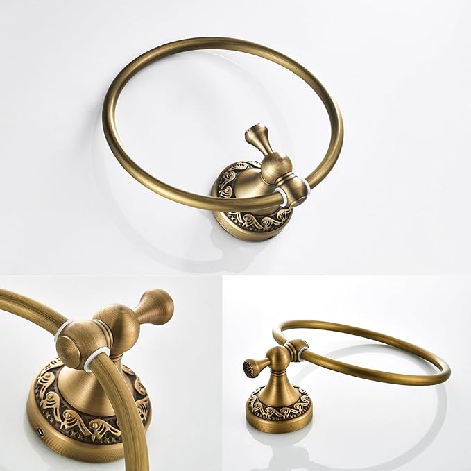 Flybath Round Towel Ring Antique Brass Exquisite Pattern Carving Hanger Hand Towel Holder for Bathroom Kitchen Accessories Wall Mounted, Brushed Bronze