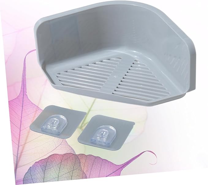 OSALADI 1set Wall Mounted Corner Shelf No Punching Triangle Plastic Storage Rack for Bathroom Kitchen Grey White Durable Design for Organizing Toiletries Creams and More 2pcs
