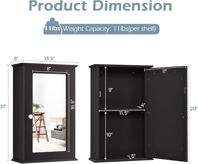 Dual-use, Wall Mount Mirror w/Adjustable Shelf, Vanity Storage Bathroom, Living Room or Entryway Medicine Cabinets, Small, Coffee