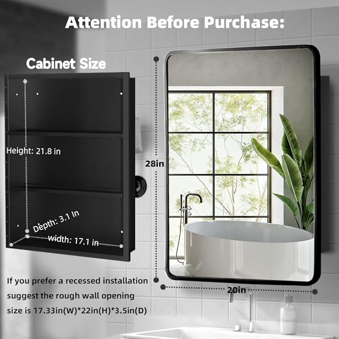 Movo Medicine Cabinet with Mirror, 20 Inch x 28 Inch Farmhouse Black Metal Framed Rectangle Bathroom Mirror Cabinet, Recess or Surface Mount