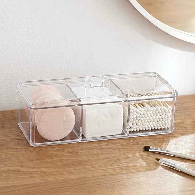 Cotton Ball and Swab Holder Organizer with Lid, Dustproof, Waterproof, Clear Acrylic 3 Compartment Cotton Pad Container for Cosmetics