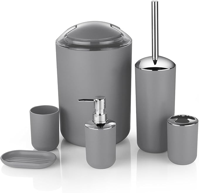 Bathroom Accessories Set 6 Piece - Trash Can, Toothbrush Holder, Toothbrush Cup, Soap Dispenser, Soap Dish, Toilet Brush Holder - Modern Bathroom Decor Set (Grey)