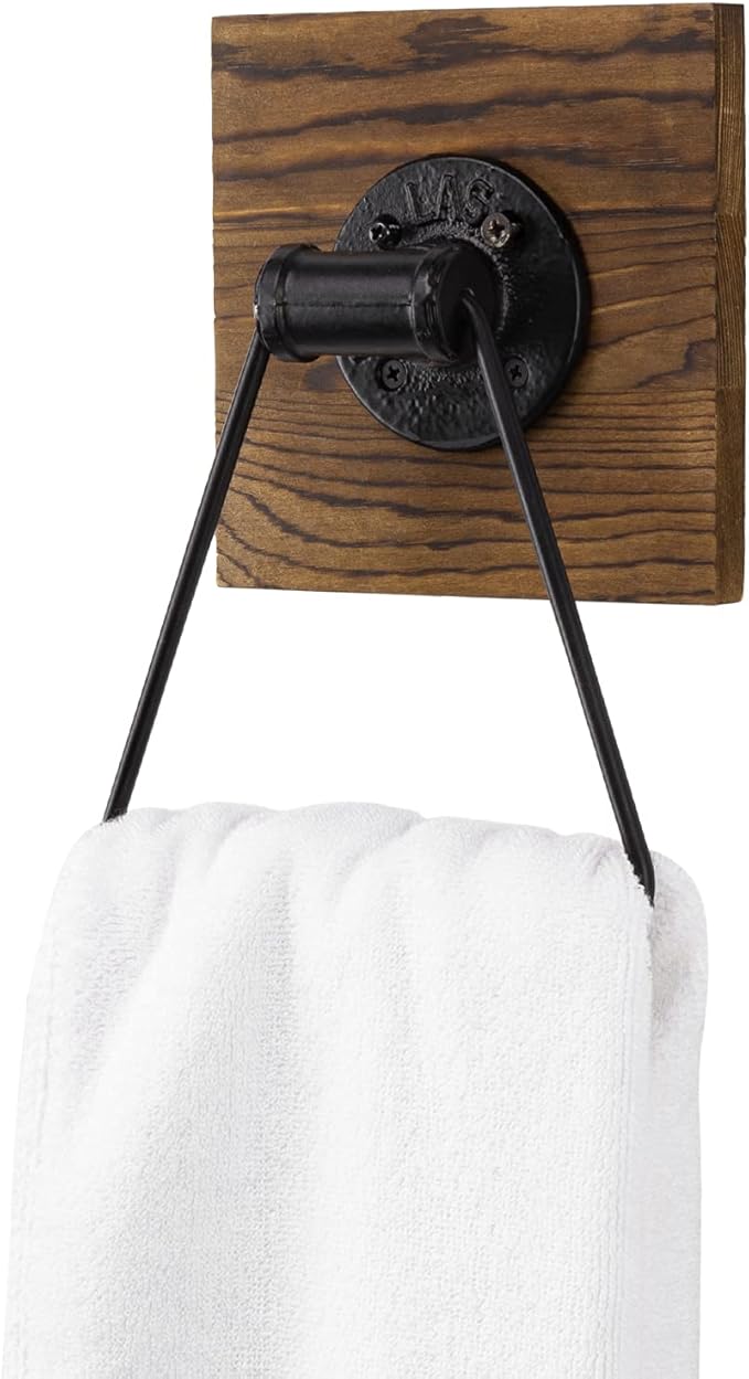 MyGift Bathroom Hand Towel Holder, Towel Rack Ring 5.5x8.7 inch for Kitchen, Laundry Room, Matte Black Industrial Metal with Rustic Solid Burnt Wood
