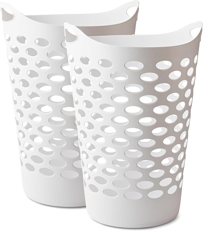 2 BUSHEL Flexible Laundry Basket,Tall plastic hamper for Clothes, Bedroom, and Storage - Portable Round Bin with Carry Handles 17.75" x 17.25" x 26", White (2)
