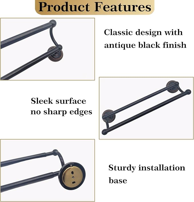 Brass Double Towel Bar, Adjustable Antique Black Towel Racks for Bathroom Wall Mounted Fits 14-25.4 Inch Centers, Heavy Duty Rustproof Bathroom Towel Rod Holder for Kitchen, Laundry Room, Hotel
